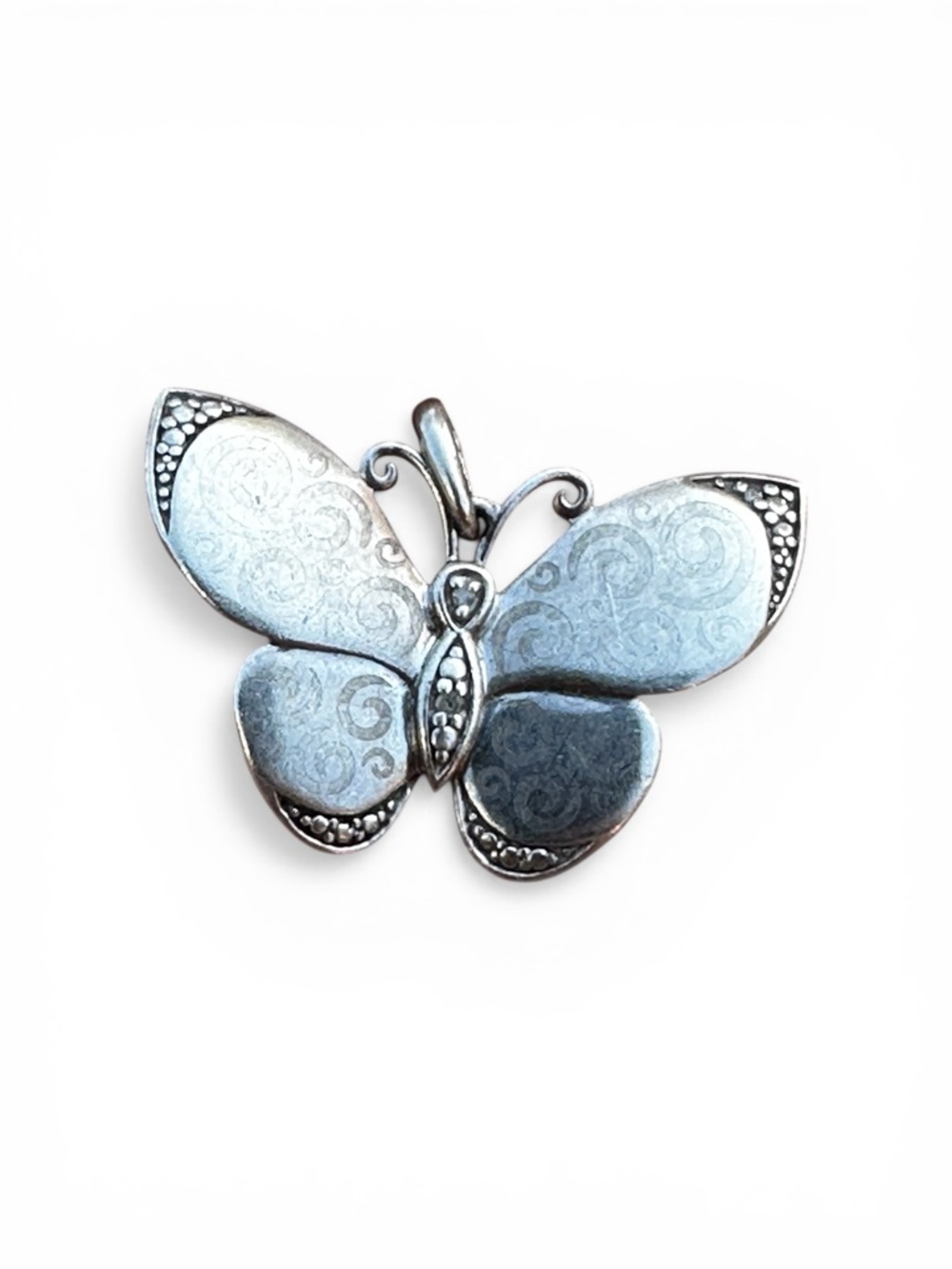 Sterling Silver 925 Butterfly Pendant Charm Etched Scroll Design